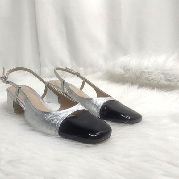 Sam Edelman Tarra Slingback Pump Heels Cap Toe Metallic Silver Black 9.5 - Picture 4 of 15